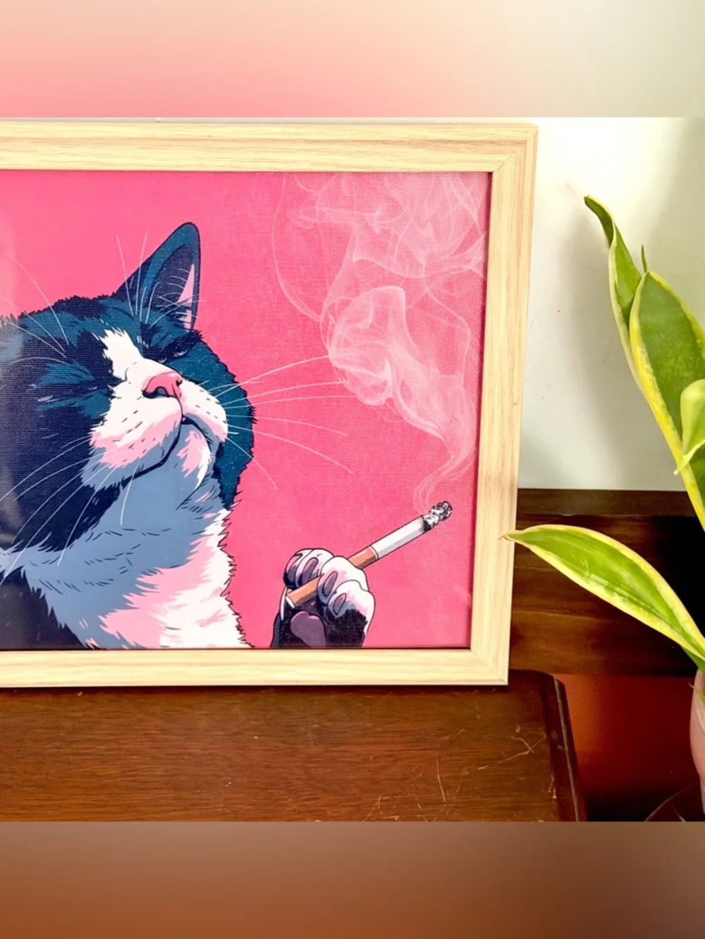Tired Black & White Cat Smoking a Cigarette Pink Canvas Art Faux Wood Framed Art - Picture 4 of 8